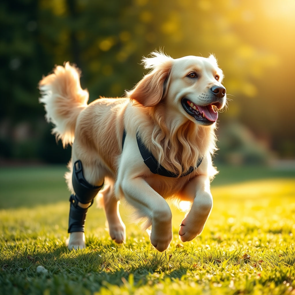 Do Dog Leg Braces Actually Work? Golden Retriever wearing supportive knee brace in a park