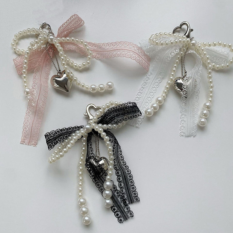 Sweet Pearl Bow Keychain with Heart Lace Pendant