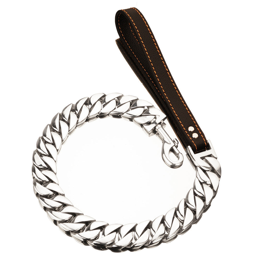 32mm Stainless Steel Dog Chain Collar with Leather Leash Multi Size Pet Neck Chain