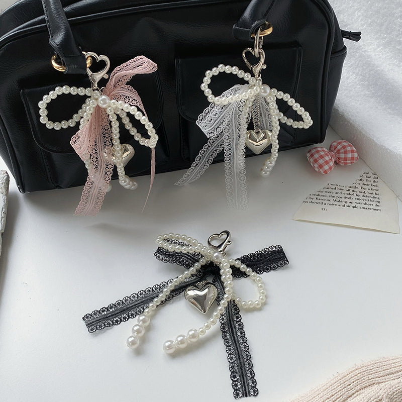 Sweet Pearl Bow Keychain with Heart Lace Pendant