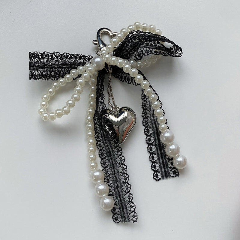 Sweet Pearl Bow Keychain with Heart Lace Pendant