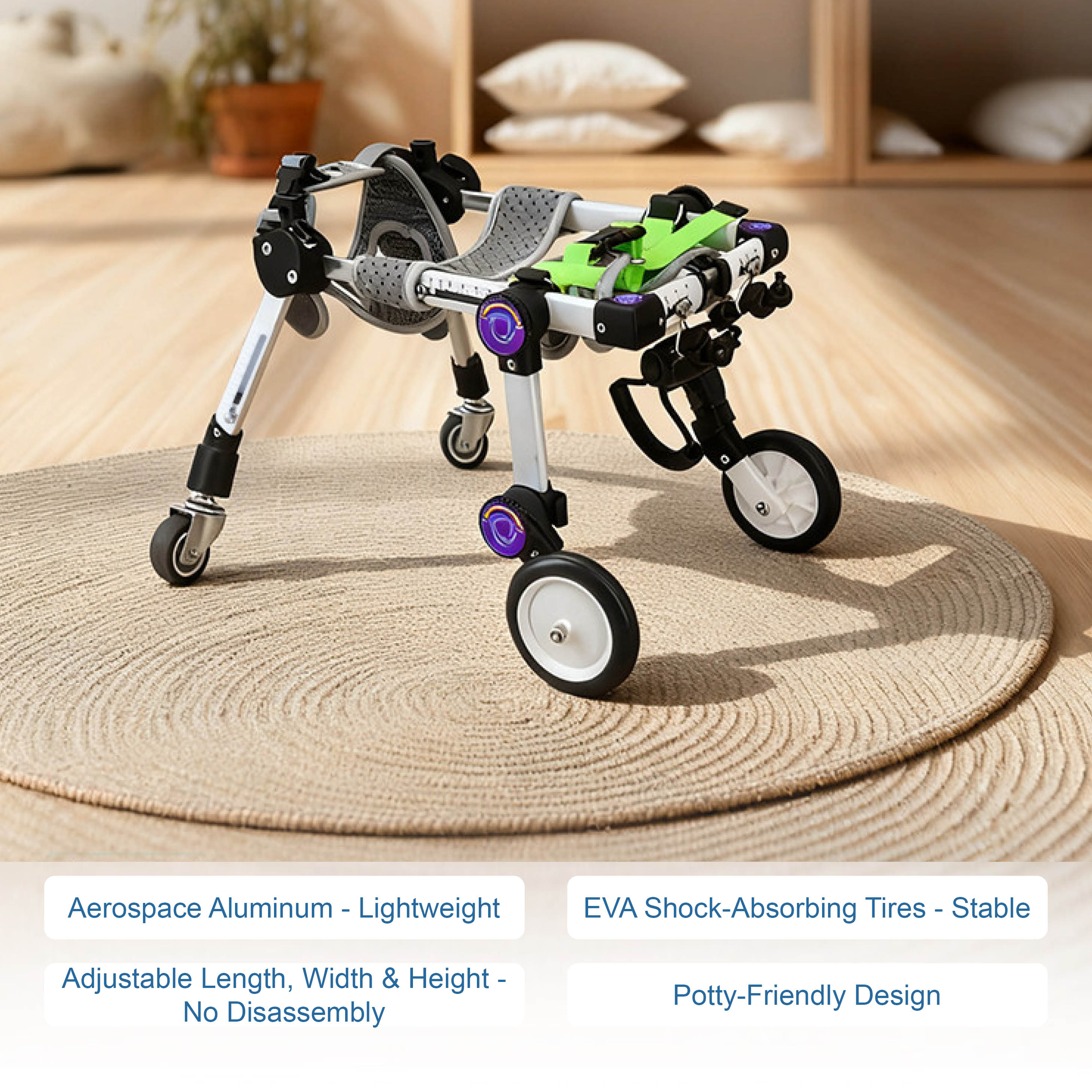 Adjustable 4-Wheel Dog Wheelchair for Rear Leg Disability