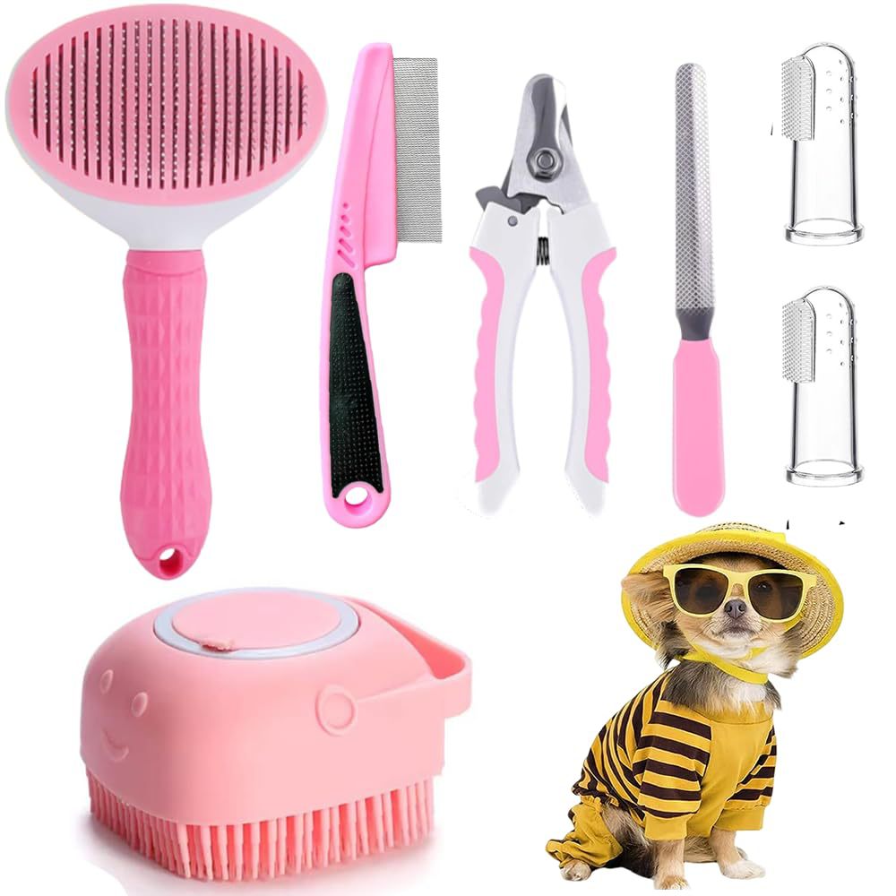 7-Piece Dog Grooming Set — Stainless Steel De-Shedding Comb, Flea Comb, Nail Cutter & Bath Brush| Complete Home Kit