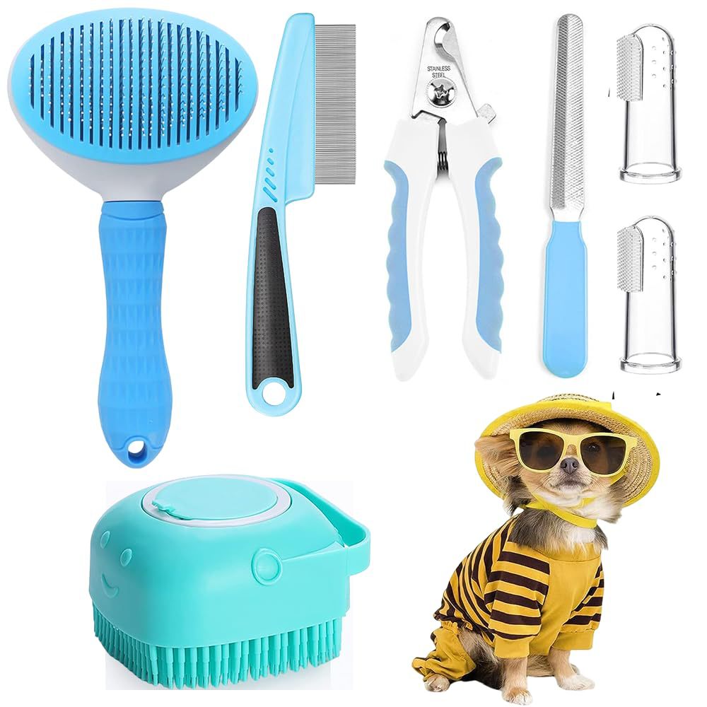 7-Piece Dog Grooming Set — Stainless Steel De-Shedding Comb, Flea Comb, Nail Cutter & Bath Brush| Complete Home Kit
