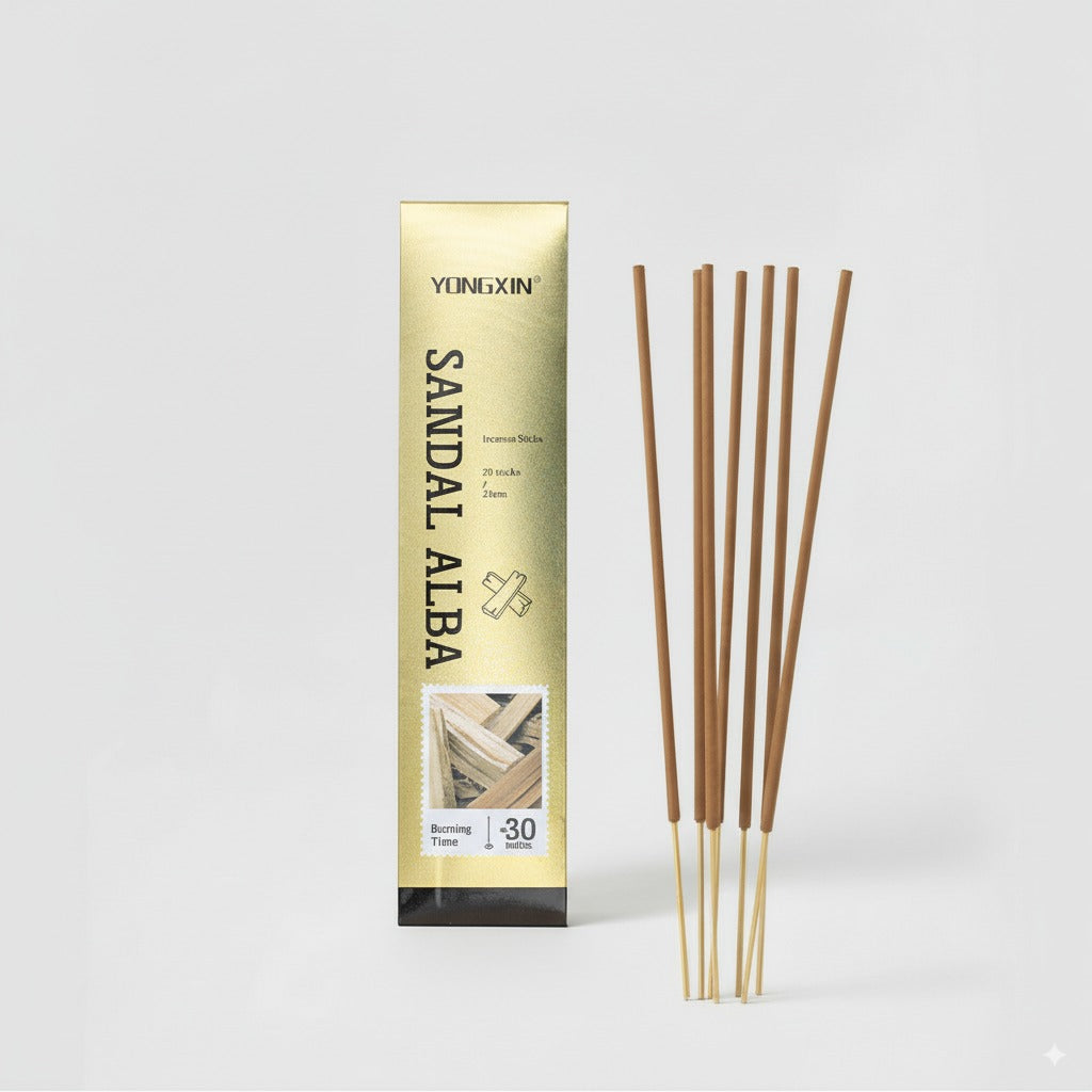 sandalwood incense sticks with packaging on a white background