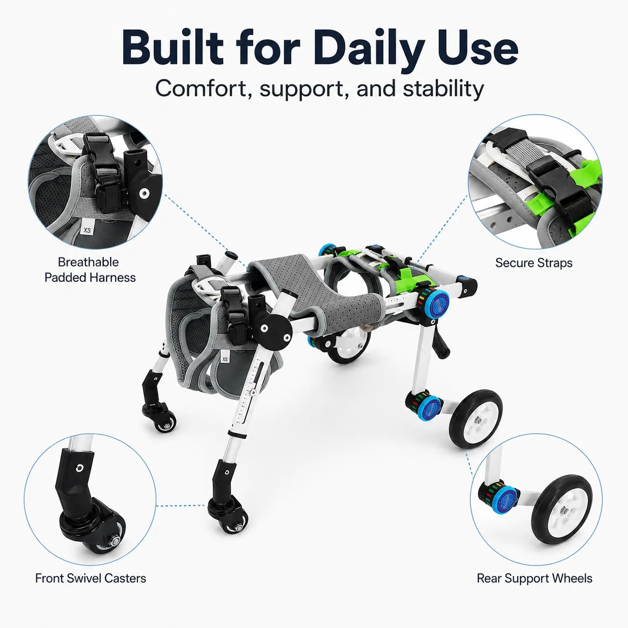 Full Support Dog Wheelchair – Adjustable 4-Wheel Mobility Cart for Small Medium Dogs