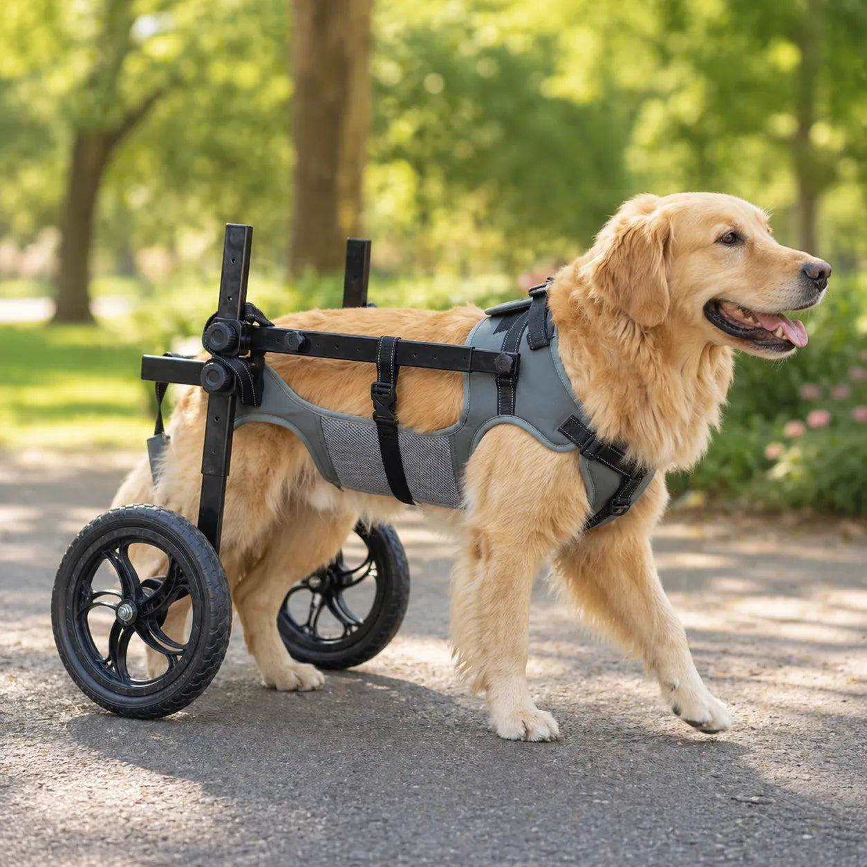 Large Dog Rear Support Wheelchair Cart - Black Metal & Sage Harness